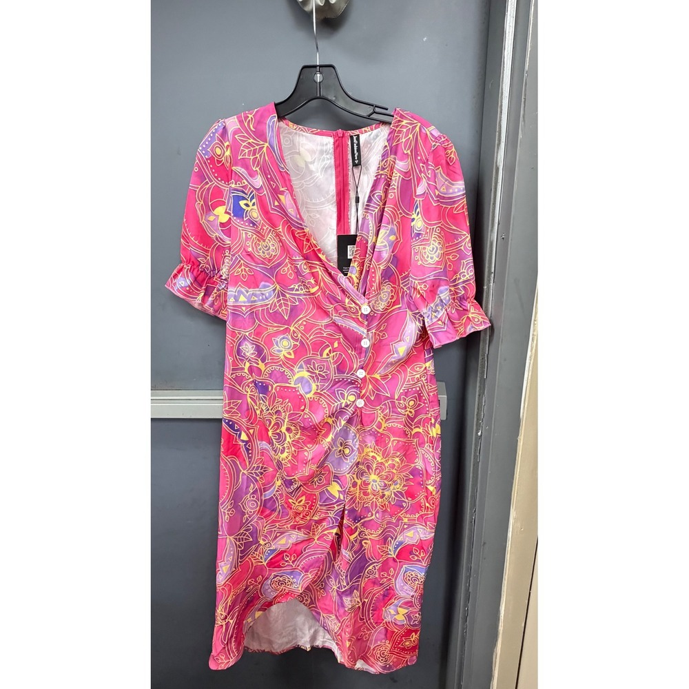 JustFashionNow Pink Paisley Print Midi Dress Short Puff Sleeve V-Neck Ruched NEW